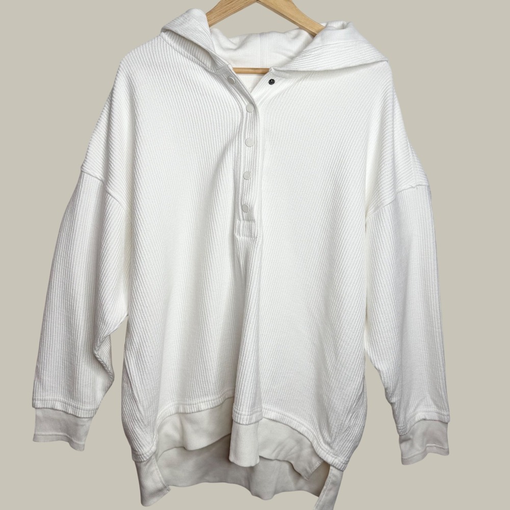 NWT Aerie Women White Ribbed Waffle Knit Oversized Henley Hoodie Large 0743-3149